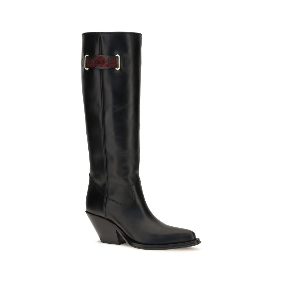 Cowboy Over-The-Knee Boots by Chloé for women in bos taurus calf leather black & floral features an dynamic silhouette, showcasing the dynamic Women's Bos Taurus Calf Leather Cowboy Over-The-Knee Boots design with its distinctive and elegant pointed toe style.