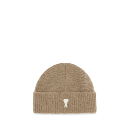 Beanie Hat by Ami Paris for men in wool beige features a athleisure-luxe silhouette, artfully capturing the essence of the athleisure-luxe Wool Beanie Hat design for a sophisticated look.