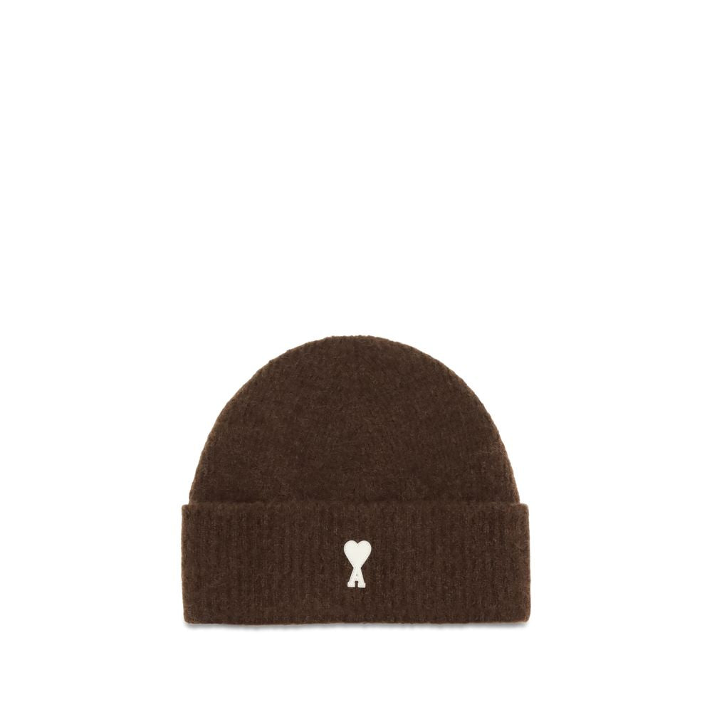 Beanie Hat by Ami Paris for men in wool brown features a refined silhouette, showcasing the refined design of the Wool Beanie Hat for a sophisticated look.