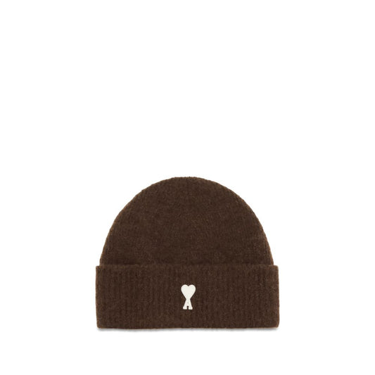 Beanie Hat by Ami Paris for men in wool brown features a refined silhouette, showcasing the refined design of the Wool Beanie Hat for a sophisticated look.