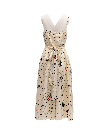 Valentino Garavani Midi Cream With Black And Red Stars Dress