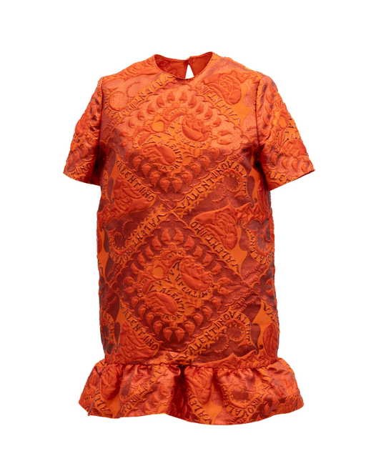 Dress by Valentino Garavani for women in lace orange & patterned features an eye catching silhouette with a sophisticated , elegant short-sleeve, and a refined short for a eye catching aesthetic.
