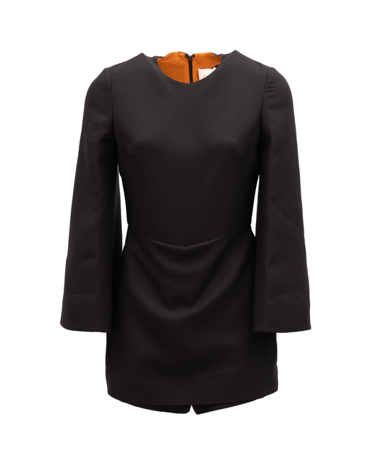Dress by Valentino Garavani for women in lace black & orange showcases a striking silhouette, elegantly detailed with a long-sleeve, refined , and a striking short mini for a striking finish.