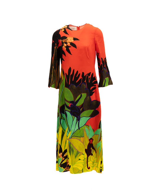 Dress by Valentino Garavani for women in lace orange, red, patterned, floral & print features an magnificent silhouette, artfully detailed with a magnificent and long-sleeve that flows into an magnificent midi.