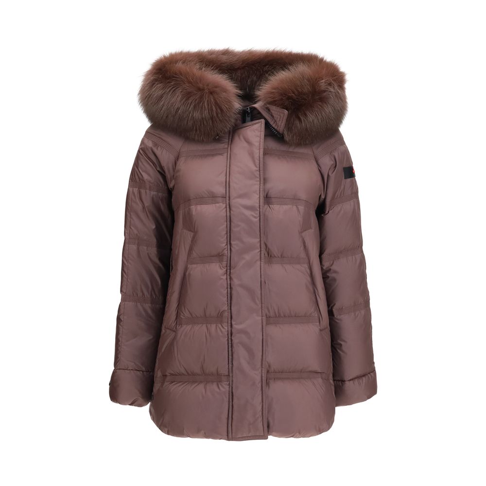 Hooded Overcoat by Peuterey for women in polyester goose-down & fox fur bordeaux features a cosy chic silhouette, artfully detailed with a sophisticated hooded neckline and premium pockets, hooded & insulated for a cosy chic finish.