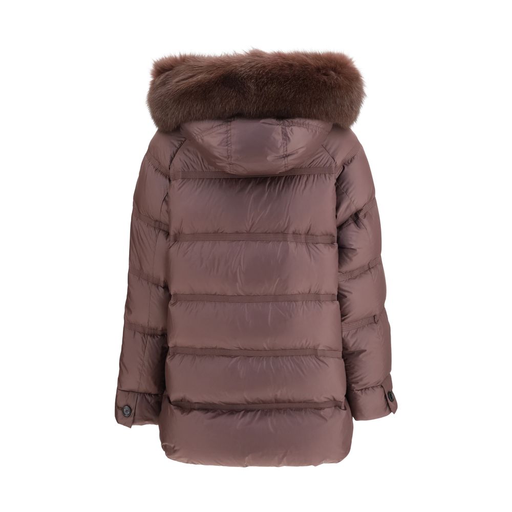 Hooded Overcoat by Peuterey for women in polyester goose-down & fox fur bordeaux presents a luxurious silhouette, showcasing a luxurious hooded neckline and sophisticated pockets, hooded & insulated for a premium, luxurious look.