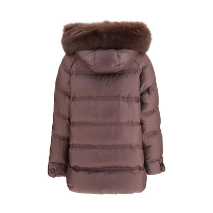 Hooded Overcoat by Peuterey for women in polyester goose-down & fox fur bordeaux presents a luxurious silhouette, showcasing a luxurious hooded neckline and sophisticated pockets, hooded & insulated for a premium, luxurious look.