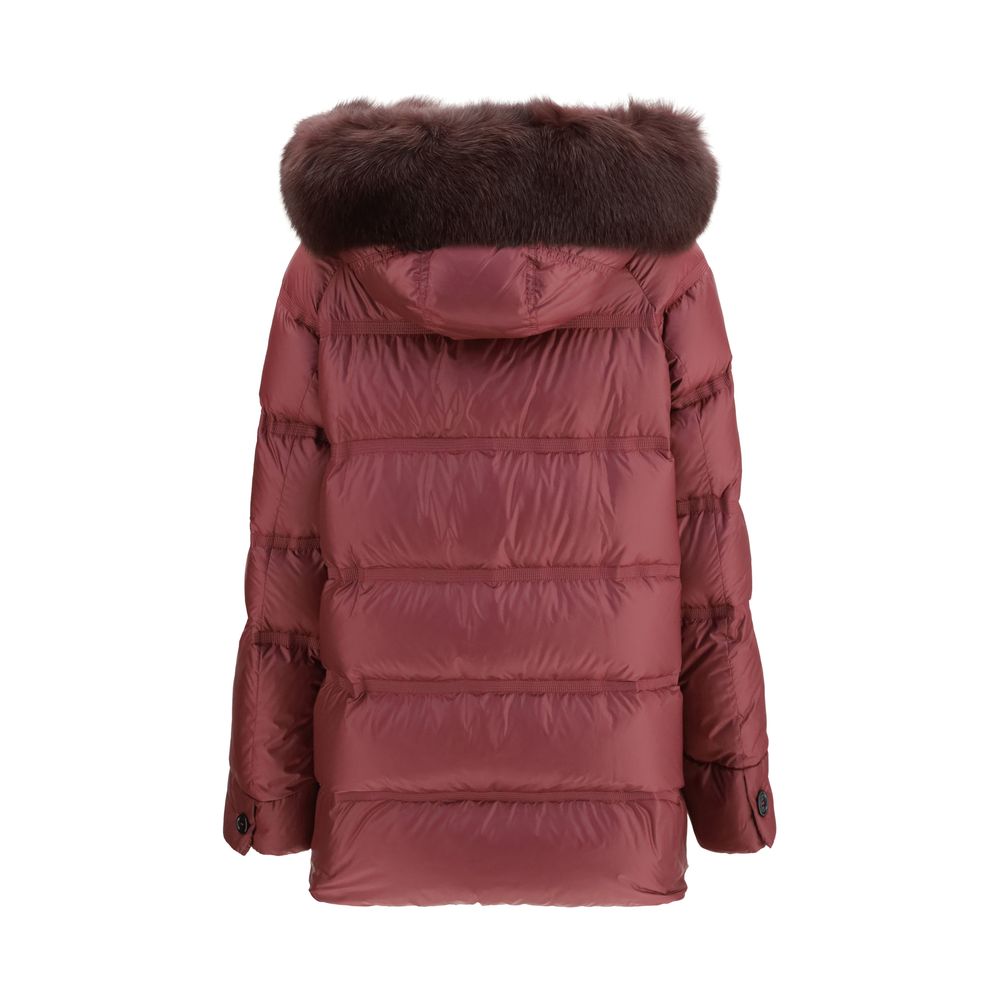 Hooded Overcoat by Peuterey for women in polyester goose-down & fox fur purple showcases a architectural silhouette, artfully detailed with a distinctive hooded neckline and functional pockets, hooded & insulated for a architectural finish.