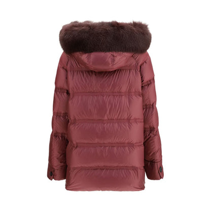 Hooded Overcoat by Peuterey for women in polyester goose-down & fox fur purple showcases a architectural silhouette, artfully detailed with a distinctive hooded neckline and functional pockets, hooded & insulated for a architectural finish.