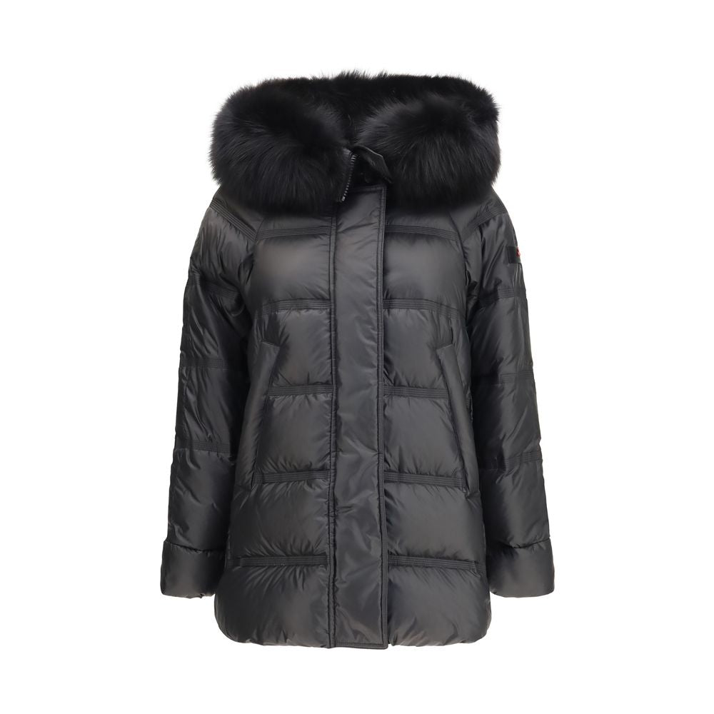 Hooded Overcoat by Peuterey for women in polyester goose-down & fox fur black features a cosy chic silhouette, artfully detailed with a sophisticated hooded neckline and premium pockets, hooded & insulated for a cosy chic finish.