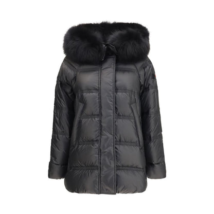 Hooded Overcoat by Peuterey for women in polyester goose-down & fox fur black features a cosy chic silhouette, artfully detailed with a sophisticated hooded neckline and premium pockets, hooded & insulated for a cosy chic finish.