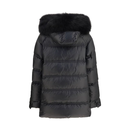 Hooded Overcoat by Peuterey for women in polyester goose-down & fox fur black showcases a architectural silhouette, artfully detailed with a distinctive hooded neckline and functional pockets, hooded & insulated for a architectural finish.