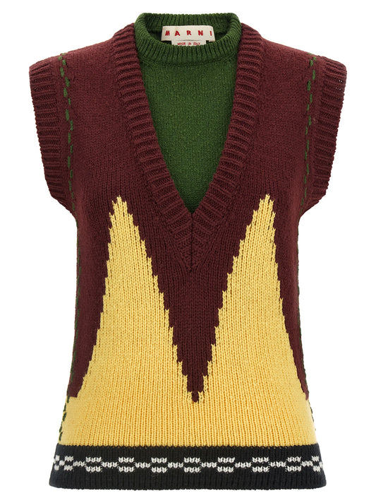 Vest by Marni for women in wool black, bordeaux, burgundy, green, white, yellow & checkered showcases a utilitarian silhouette, artfully incorporating and a utilitarian v-neck neckline for a truly utilitarian finish.