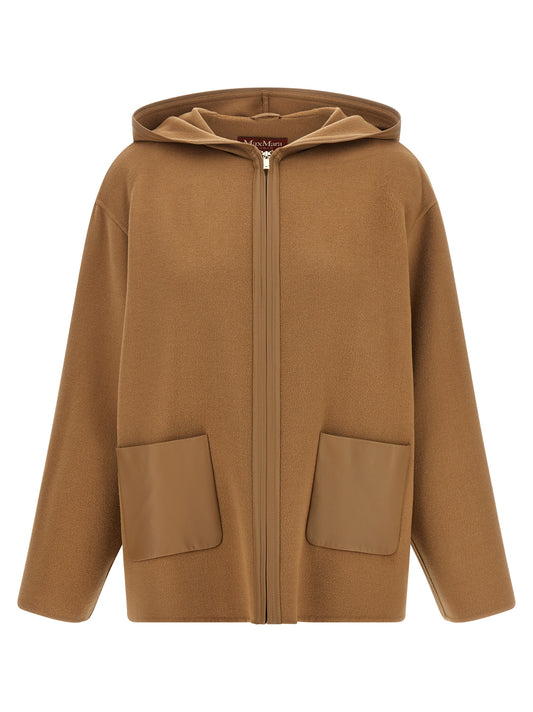 Hooded Overcoat by Max Mara for women in silk virgin cashmere wool beige & gold features an voluminous silhouette, showcasing distinct pockets & hooded and a voluminous hooded neckline for a truly voluminous aesthetic.