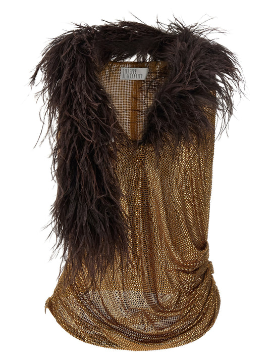 Tank Top by Giuseppe Di Morabito for women in polyamide mesh & feathers gold features an bespeak silhouette, showcasing an bespeak sleeveless and bespeak v-neck neckline for a truly sophisticated look.