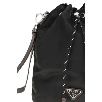 Bucket Handbag by Prada for men in polyamide leather black features an effortlessly chic silhouette, showcasing a secure drawstring, effortlessly chic , and versatile wristlet.