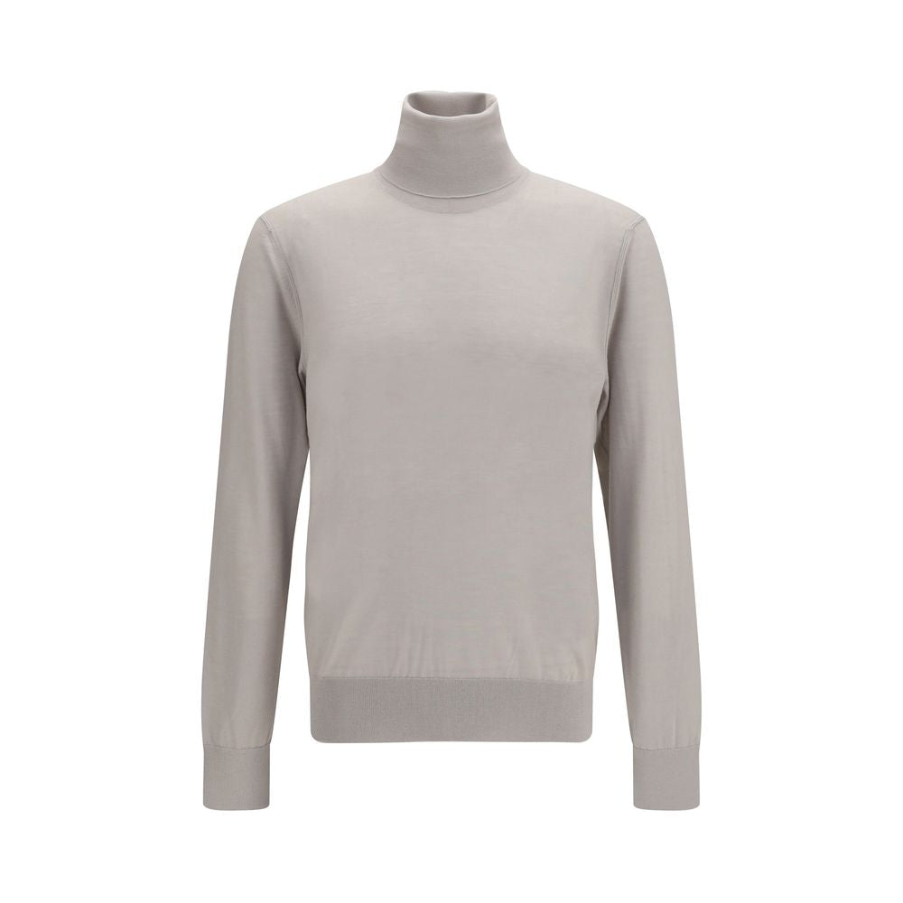 Sweater by Dolce & Gabbana for men in cashmere & capra leather beige features an tactile silhouette, showcasing a sophisticated turtle high-neck neckline and tactile long-sleeve for a refined finish.