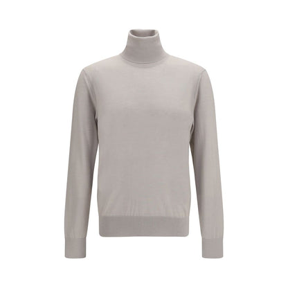 Sweater by Dolce & Gabbana for men in cashmere & capra leather beige features an tactile silhouette, showcasing a sophisticated turtle high-neck neckline and tactile long-sleeve for a refined finish.