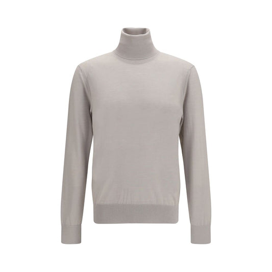 Sweater by Dolce & Gabbana for men in cashmere & capra leather beige features an tactile silhouette, showcasing a sophisticated turtle high-neck neckline and tactile long-sleeve for a refined finish.