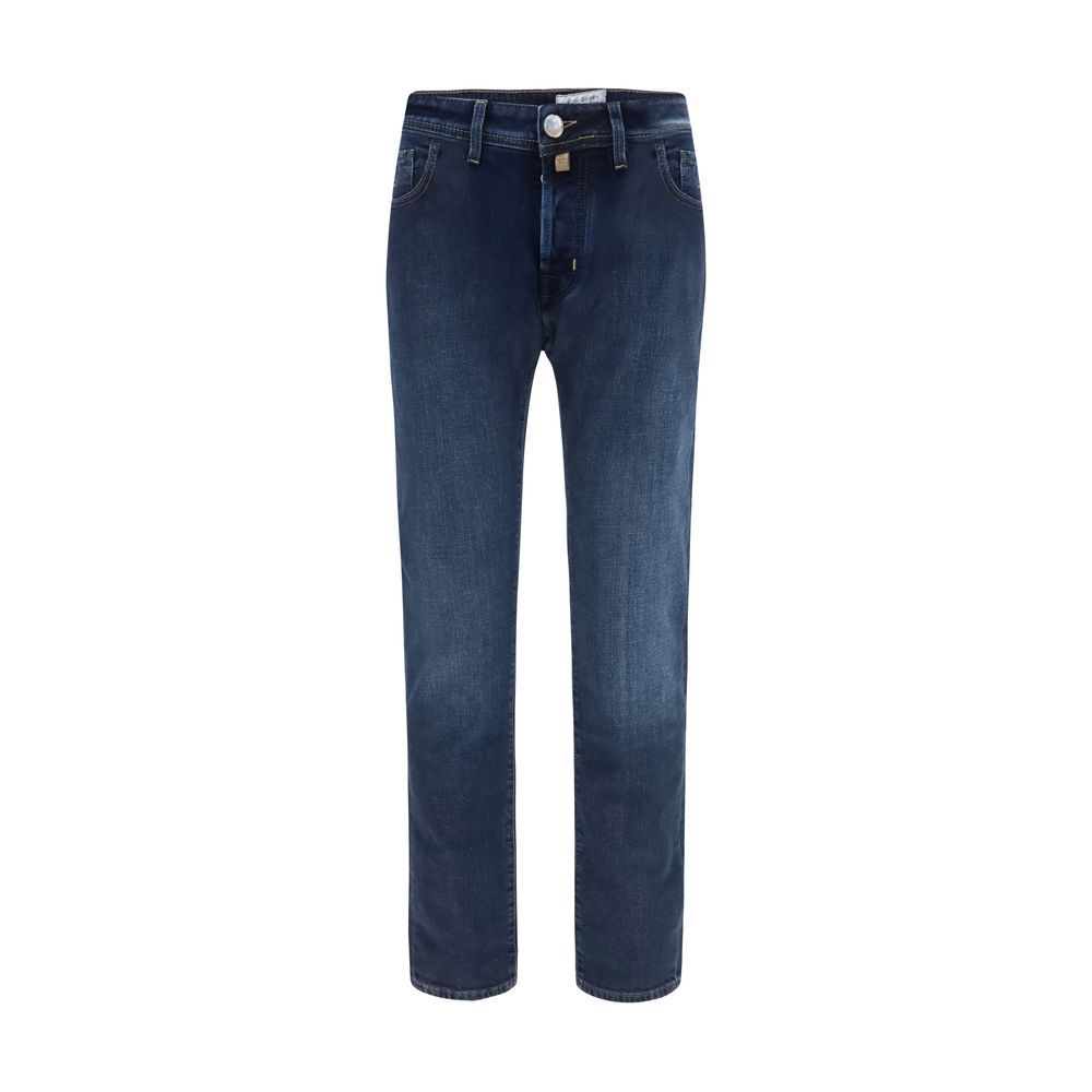 Jeans by Jacob Cohen for men in denim cotton & alcantara dark-blue & striped features an sophisticated mid rise and tapered-leg, regular-fit & slim with a precise long, creating a sophisticated and sophisticated silhouette.