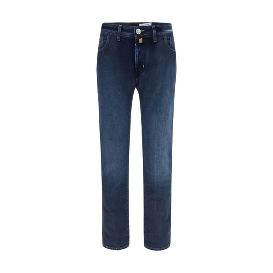 Jeans by Jacob Cohen for men in denim cotton & alcantara dark-blue & striped features an sophisticated mid rise and tapered-leg, regular-fit & slim with a precise long, creating a sophisticated and sophisticated silhouette.
