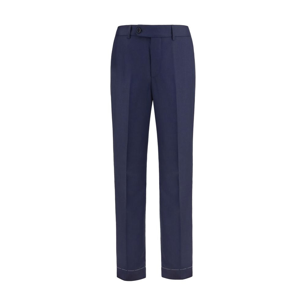 Trousers by Brunello Cucinelli for men in virgin wool blue & patterned features an sartorial silhouette, showcasing a precise tapered-leg & regular-fit and long with a sartorial for a refined look.