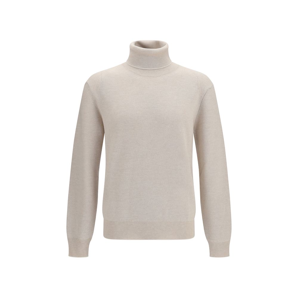 Sweater by Brioni for men in cashmere wool & capra leather beige & striped showcases a sumptuous silhouette, artfully finished with a sumptuous turtle high-neck neckline and for a sophisticated, sumptuous look.