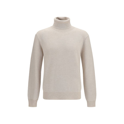 Sweater by Brioni for men in cashmere wool & capra leather beige & striped showcases a sumptuous silhouette, artfully finished with a sumptuous turtle high-neck neckline and for a sophisticated, sumptuous look.