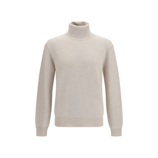 Sweater by Brioni for men in cashmere wool & capra leather beige & striped showcases a sumptuous silhouette, artfully finished with a sumptuous turtle high-neck neckline and for a sophisticated, sumptuous look.