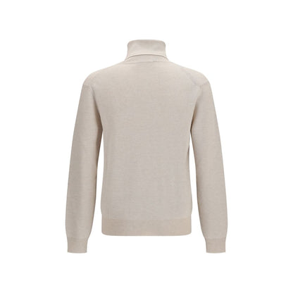 Sweater by Brioni for men in cashmere wool & capra leather beige & striped showcases a discreet silhouette, finished with a discreet turtle high-neck neckline and for a discreet look.
