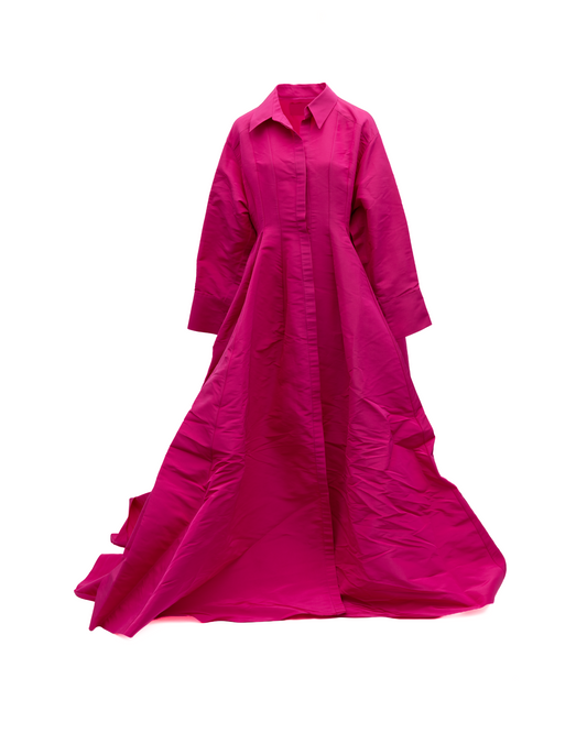 Dress by Valentino Garavani for women in stretch denim cotton fuchsia & pink features a dramatic silhouette, showcasing an elegant and long-sleeve that flows into a dramatic maxi long.