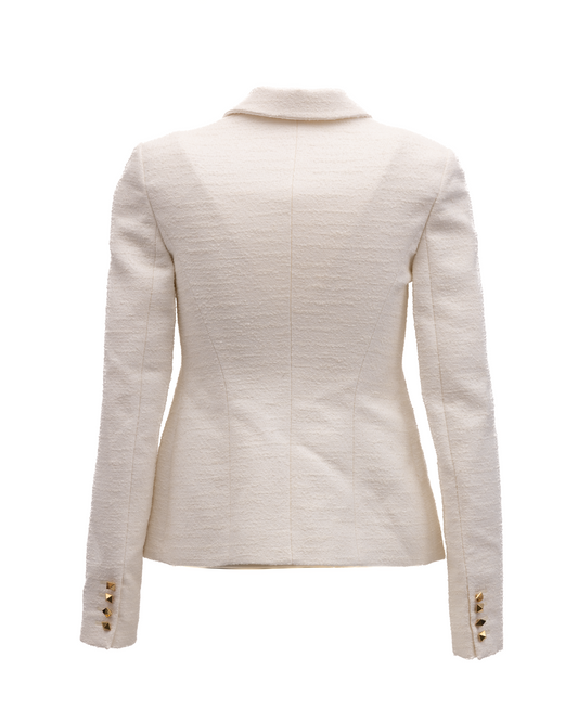 Blazer by Valentino Garavani for women in cotton tweed & cupro gold, white, checked & signature showcases a discerning silhouette, elegantly detailed with a sophisticated and premium for a truly discerning finish.