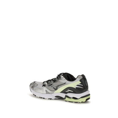 Athletic Sneakers by MIZUNO for men in nylon suede leather & carbon gray showcases a architectural silhouette, artfully capturing the essence of the Rider Men's Athletic Nylon Suede Leather & Carbon Sneakers with its signature architectural athletic style construction.