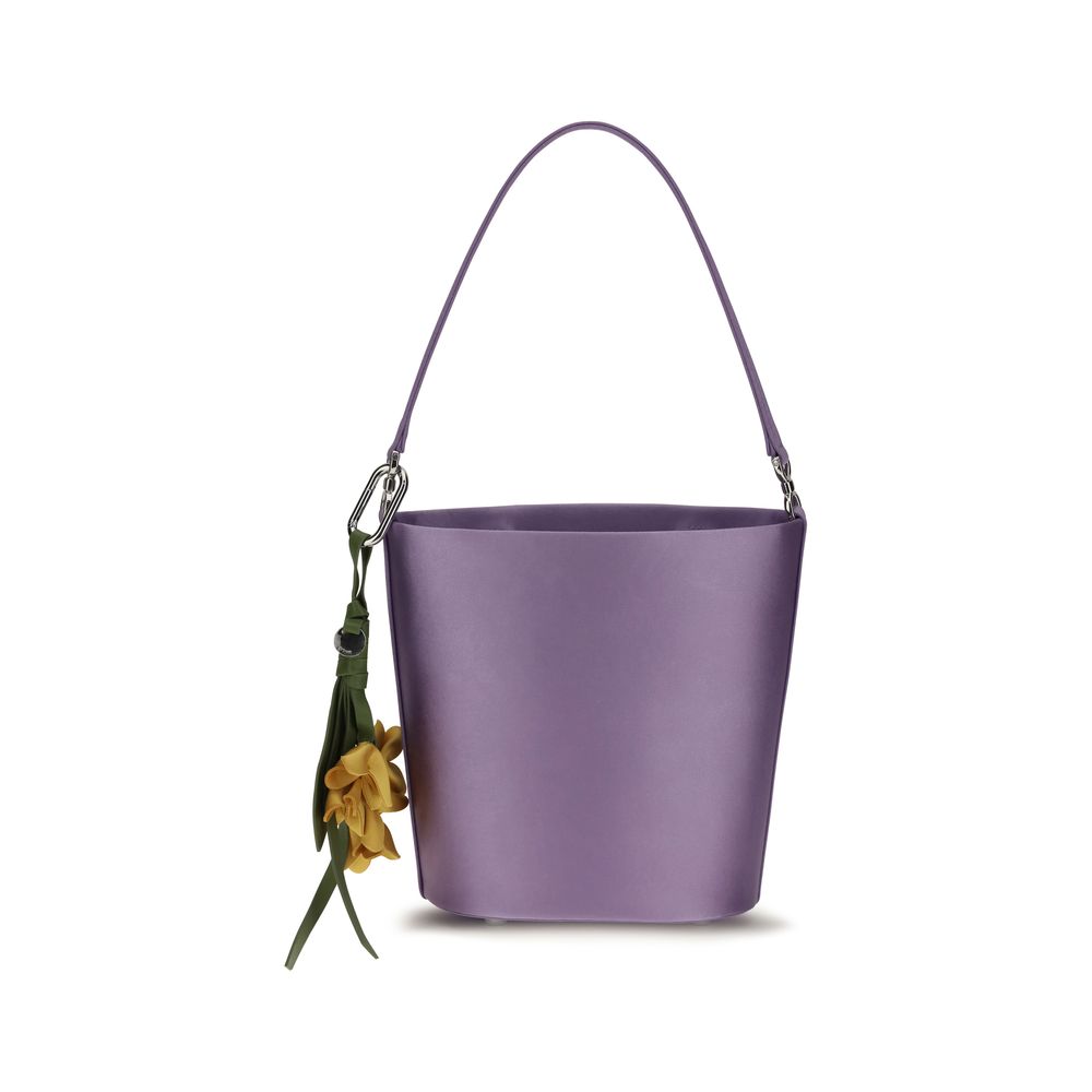 Bucket Pouch Handbag by Self-Portrait for women in polyester satin purple features a effortlessly chic silhouette, showcasing a secure magnetic and ample with versatile for a effortlessly chic finish.