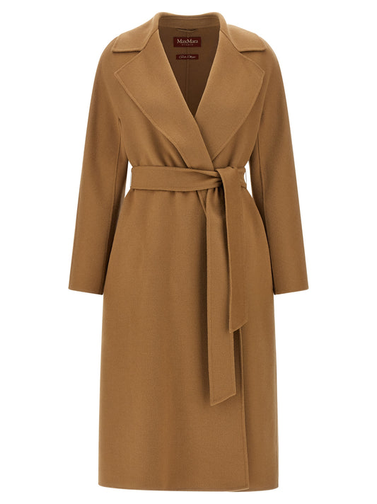 Overcoat by Max Mara for women in silk cashmere virgin wool beige features an satoral silhouette, showcasing a sophisticated and satoral lightweight & pockets for a premium, timeless look.