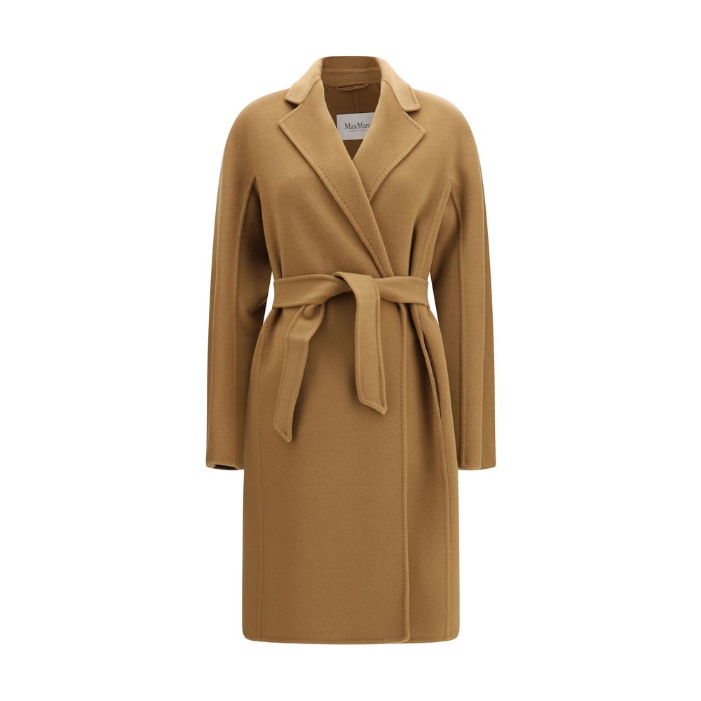 Overcoat by Max Mara for women in cashmere & capra leather purple features an voluminous silhouette, showcasing distinct pockets and a voluminous lapel neckline for a truly voluminous aesthetic.