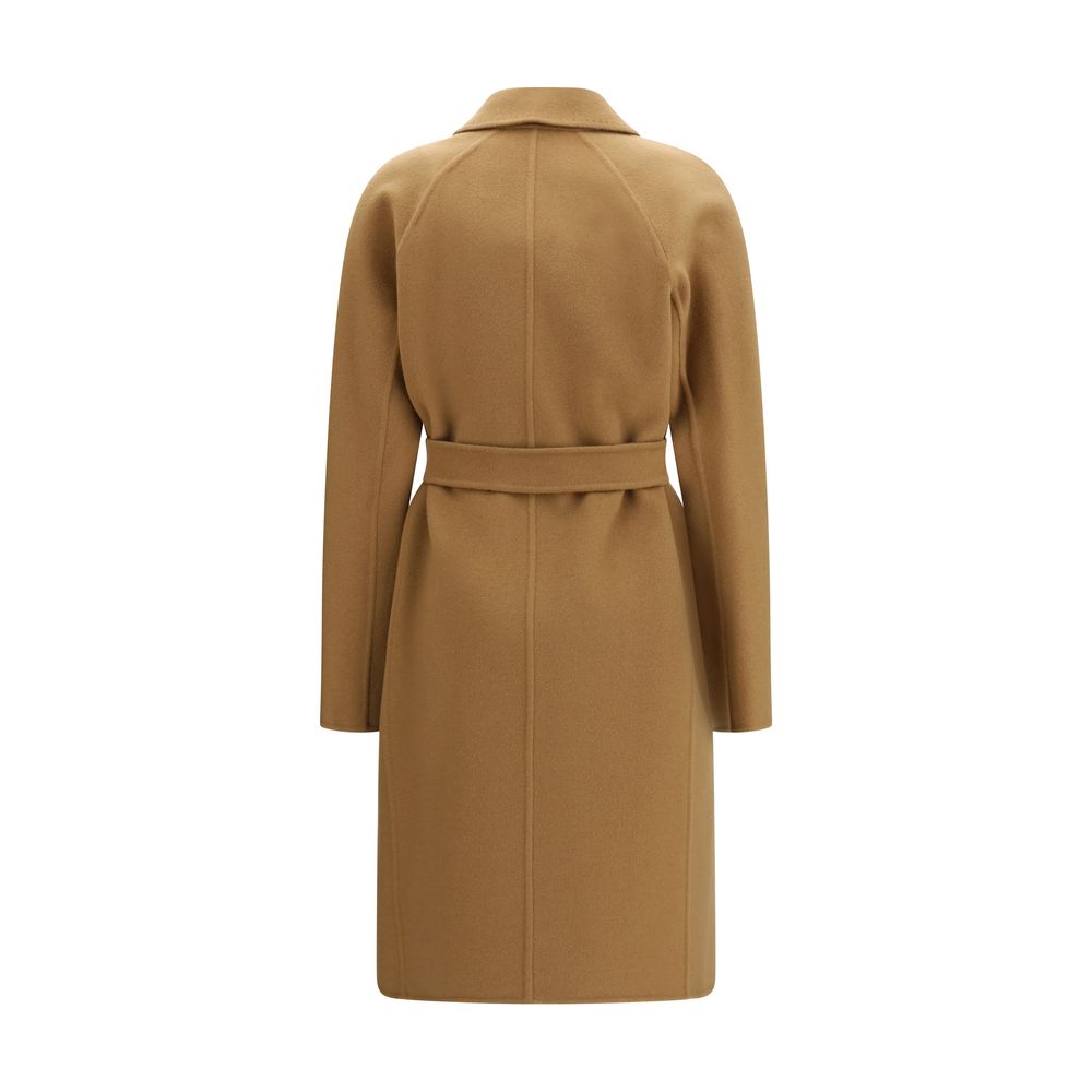 Overcoat by Max Mara for women in cashmere & capra leather purple features an satoral silhouette, showcasing a sophisticated lapel neckline and satoral pockets for a premium, timeless look.