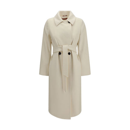 Overcoat by Max Mara for women in wool white, jacquard & monogram presents a luxurious silhouette, showcasing a luxurious double-breasted shirt-collar neckline and sophisticated pockets for a premium, luxurious look.