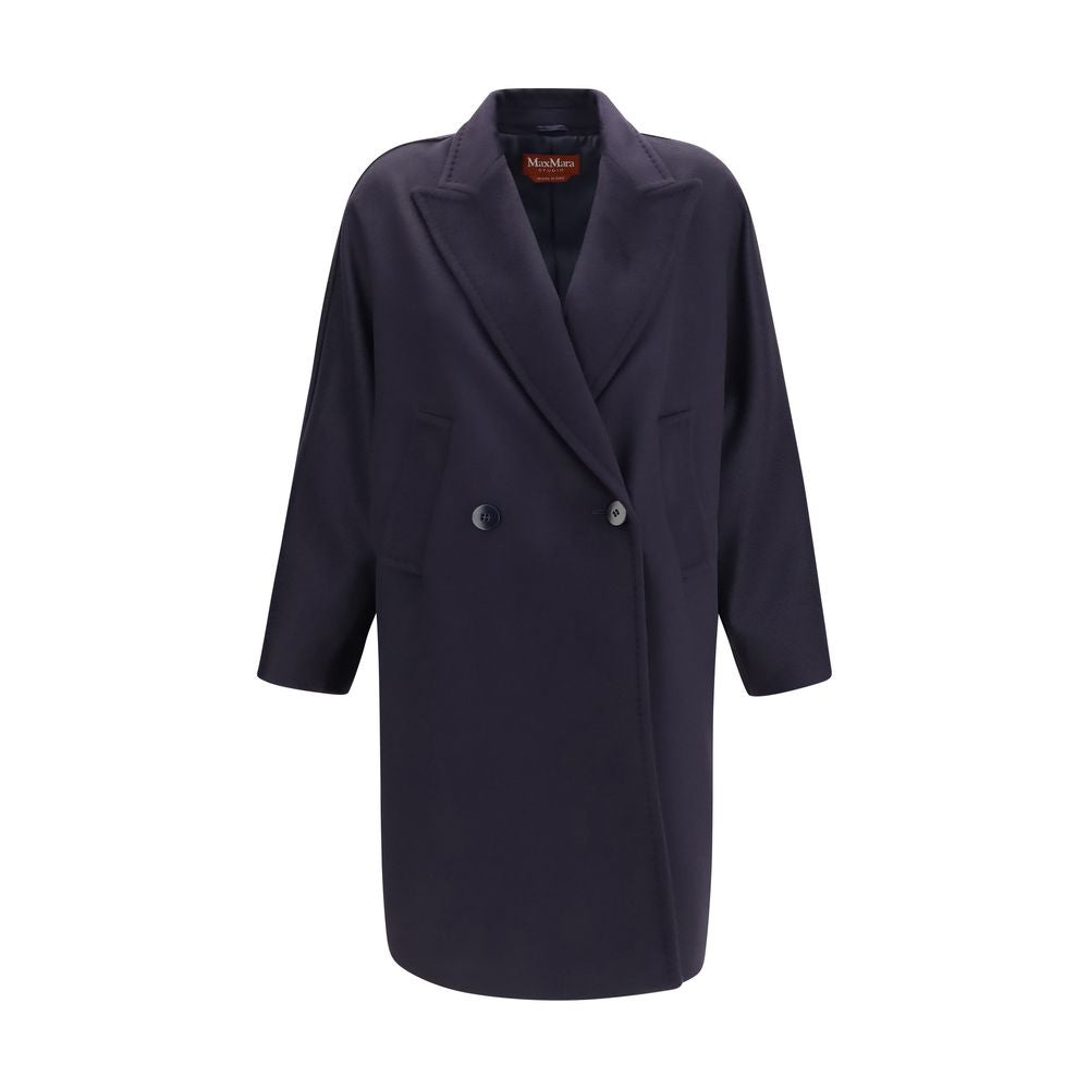Overcoat by Max Mara for women in wool blue showcases a enveloping silhouette, detailed with distinctive pockets and a enveloping double-breasted neckline.
