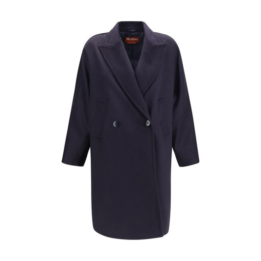 Overcoat by Max Mara for women in wool blue showcases a enveloping silhouette, detailed with distinctive pockets and a enveloping double-breasted neckline.