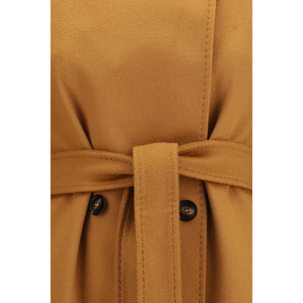 Overcoat by Max Mara for women in wool beige, jacquard & monogram presents a luxurious silhouette, showcasing a luxurious double-breasted shirt-collar neckline and sophisticated pockets for a premium, luxurious look.