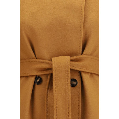 Overcoat by Max Mara for women in wool beige, jacquard & monogram presents a luxurious silhouette, showcasing a luxurious double-breasted shirt-collar neckline and sophisticated pockets for a premium, luxurious look.