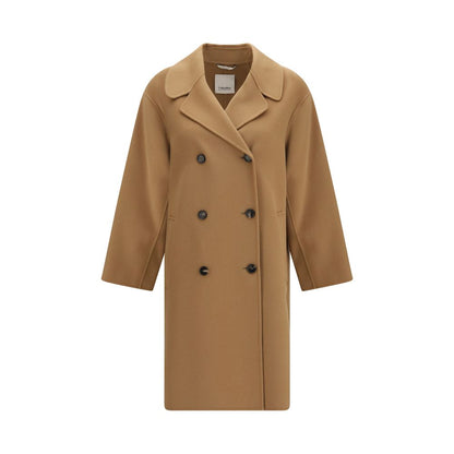 Overcoat by S Max Mara for women in virgin wool beige features an satoral silhouette, showcasing a sophisticated and satoral pockets for a premium, timeless look.