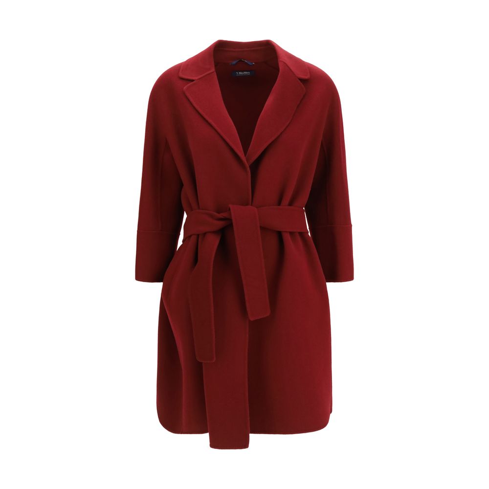 Overcoat by S Max Mara for women in virgin wool bordeaux showcases a enveloping silhouette, detailed with distinctive pockets and a enveloping wrap neckline.
