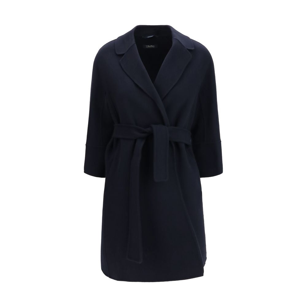 Overcoat by S Max Mara for women in virgin wool blue features an satoral silhouette, showcasing a sophisticated wrap neckline and satoral pockets for a premium, timeless look.