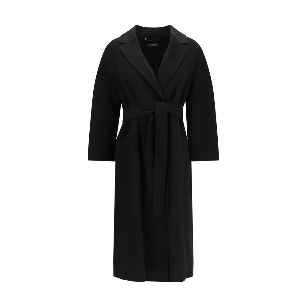 Overcoat by S Max Mara for women in virgin wool black showcases a architectural silhouette, artfully detailed with a distinctive wrap neckline and functional pockets for a architectural finish.