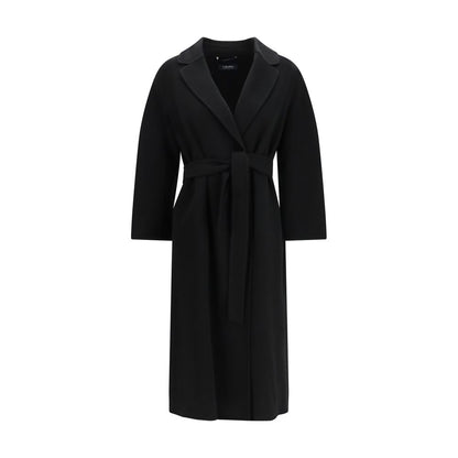 Overcoat by S Max Mara for women in virgin wool black showcases a architectural silhouette, artfully detailed with a distinctive wrap neckline and functional pockets for a architectural finish.