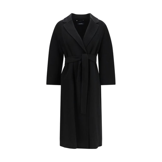 Overcoat by S Max Mara for women in virgin wool black showcases a architectural silhouette, artfully detailed with a distinctive wrap neckline and functional pockets for a architectural finish.