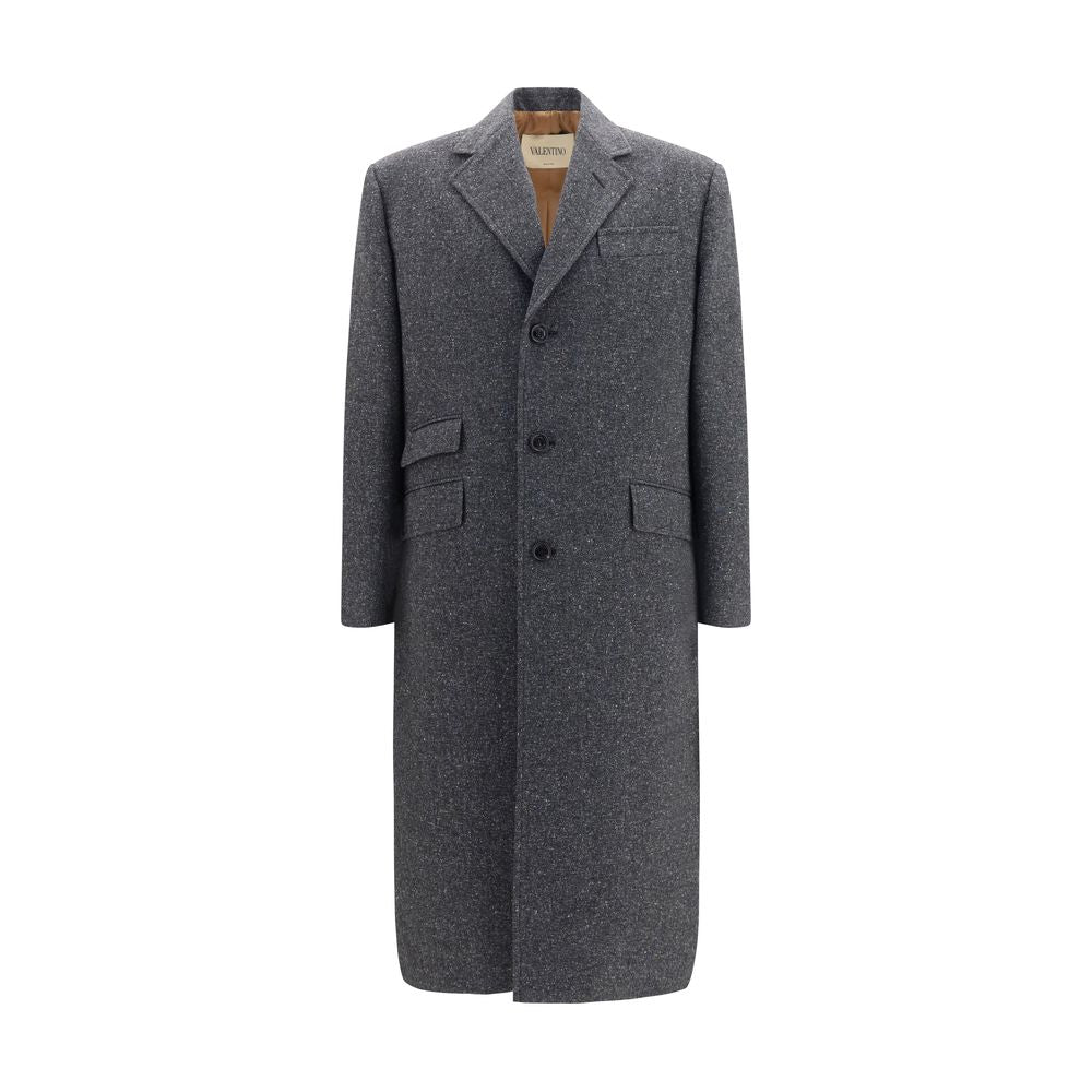 Overcoat by Valentino Garavani for men in merino wool polyamide silk & viscose gray features an satoral silhouette, showcasing a sophisticated v-neck neckline and satoral pockets for a premium, timeless look.