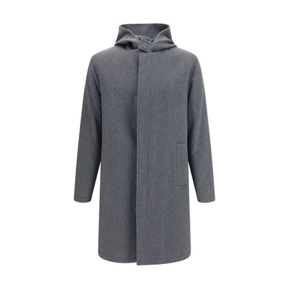 Hooded Overcoat by Lardini for men in wool & capra leather gray features an satoral silhouette, showcasing a sophisticated hooded neckline and satoral pockets & hooded for a premium, timeless look.